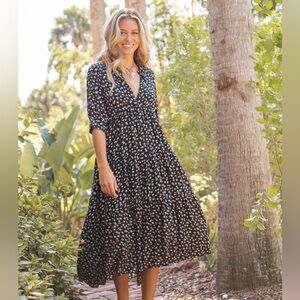 Natural Life Rebecca Midi Dress Black Cream Roses Size XL Cottagecore Floral